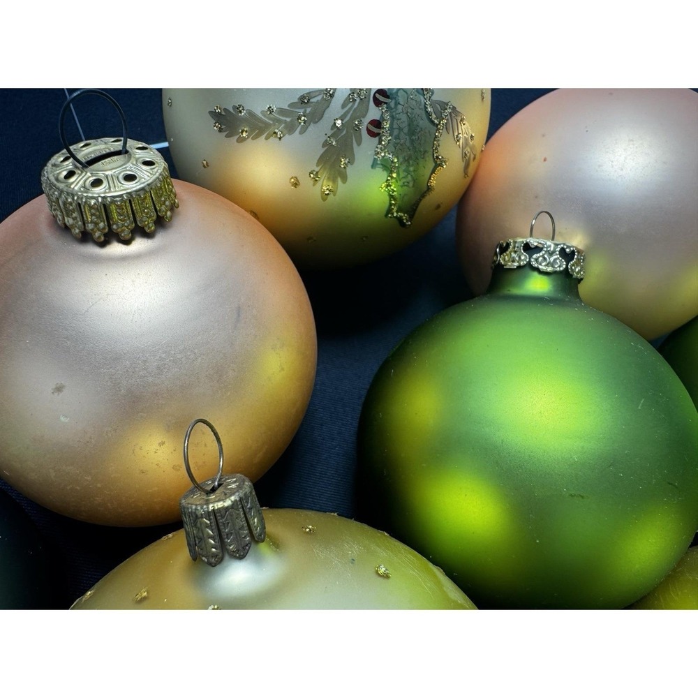 West Germany~ Round Peach Green Gold Glass Ornaments Glitter Set of 8 - Picture 5 of 11